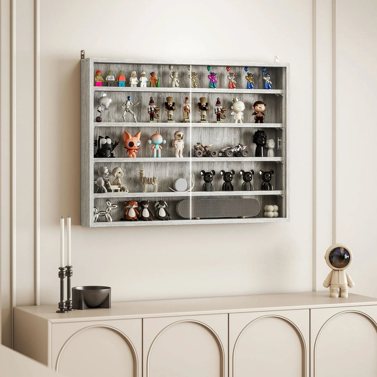 Homcom 5-Tier Display Cabinet, Glass Door Cabinet with Adjustable Shelves, Wall-Mounted Display Case for Playroom, Bedroom, Gray