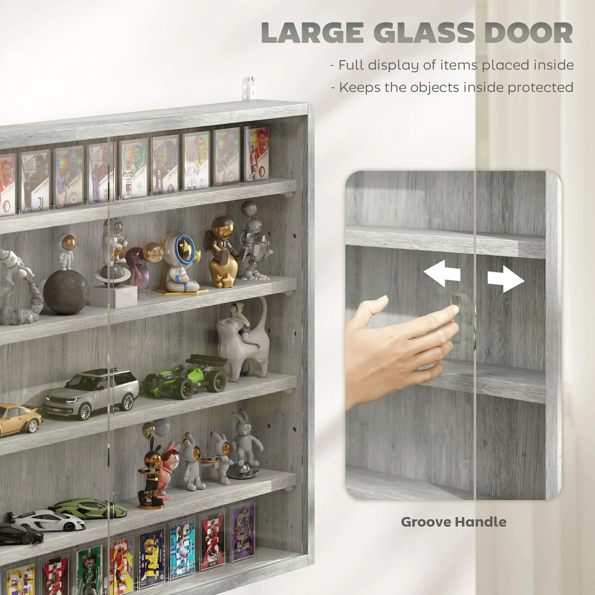 Homcom 5-Tier Display Cabinet, Glass Door Cabinet with Adjustable Shelves, Wall-Mounted Display Case for Playroom, Bedroom, Gray
