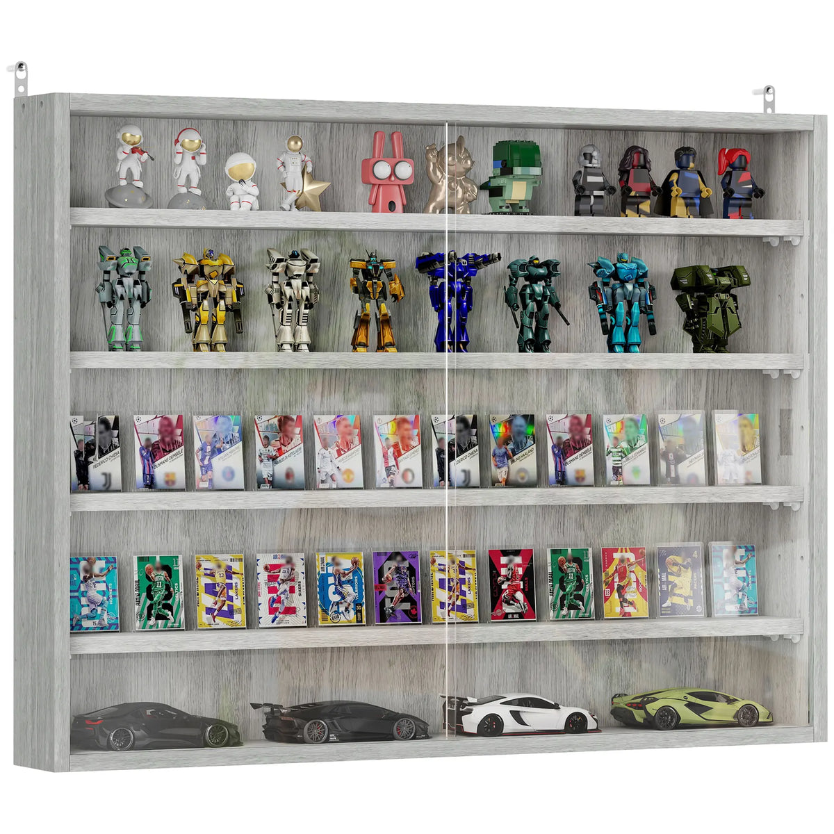 Homcom 5-Tier Display Cabinet, Glass Door Cabinet with Adjustable Shelves, Wall-Mounted Display Case for Playroom, Bedroom, Gray