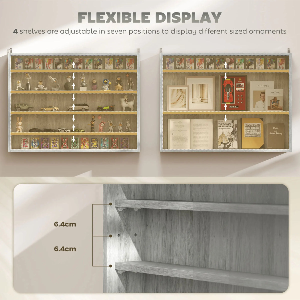 Homcom 5-Tier Display Cabinet, Glass Door Cabinet with Adjustable Shelves, Wall-Mounted Display Case for Playroom, Bedroom, Gray